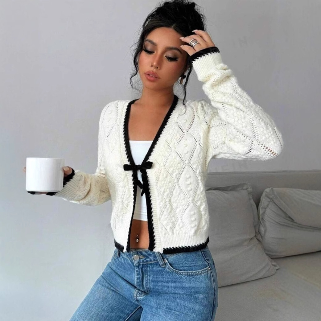 autumn white cardigan for leisure with bow