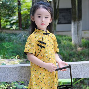Девушки Cheongsam девушки костюм пуловер брюки костюм платье напечатаны вся рука оптом хлопок желтый анти-свет