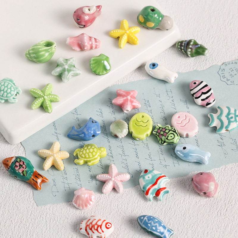 クリエイティブ海洋生物シリーズセラミックビーズ diy ブレスレットネックレスルースビーズジュエリーアクセサリーヒトデシェルビーズ|undefined