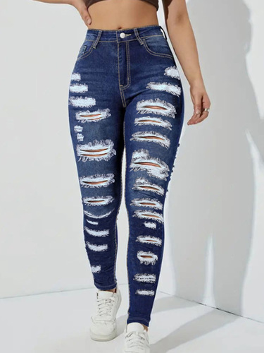 Spring and Autumn New Style Frayed Fashion Elastic Mini Foot Long Pants for Women High-Waist Slimming Print Denim