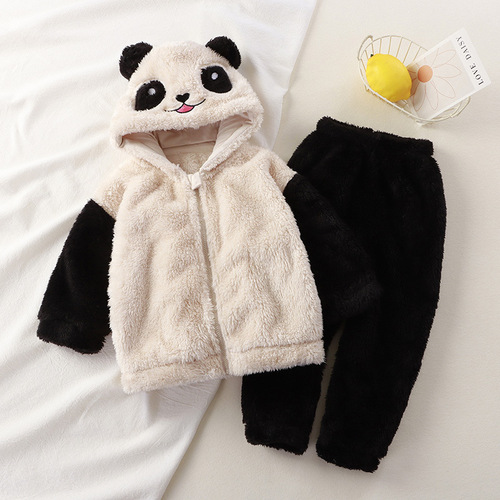 Children's Autumn and Winter New Fleece Hooded Pajama Set for Boys and Girls, Cute Plush Sweatshirt and Pajamas for Toddlers