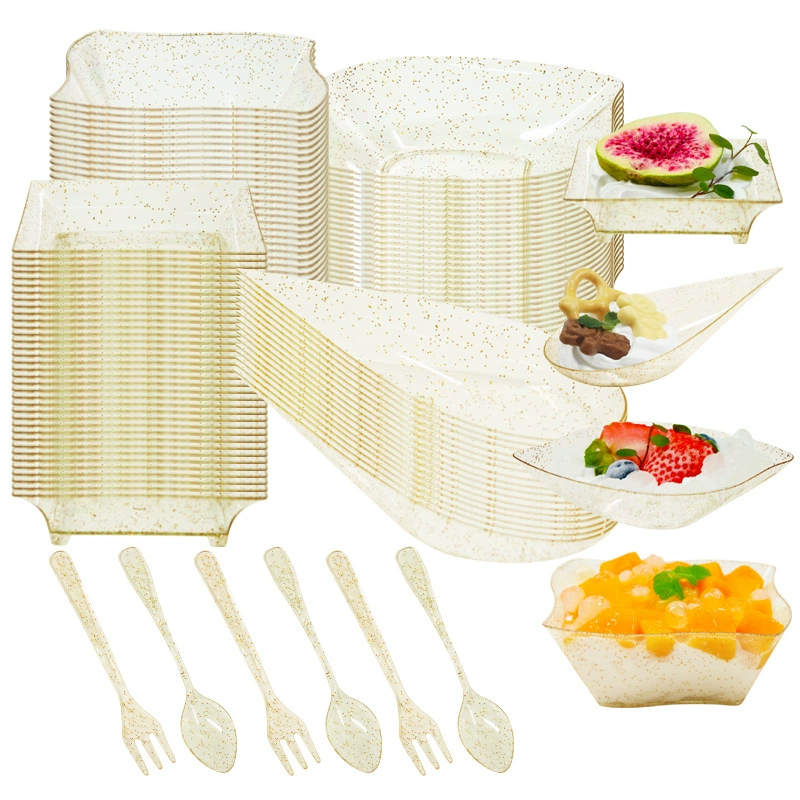 Набор посуды для десертов и закусок: одноразовые золотые муссовые стаканчики PS, мини-тарелки разных стилей, комбинированный набор