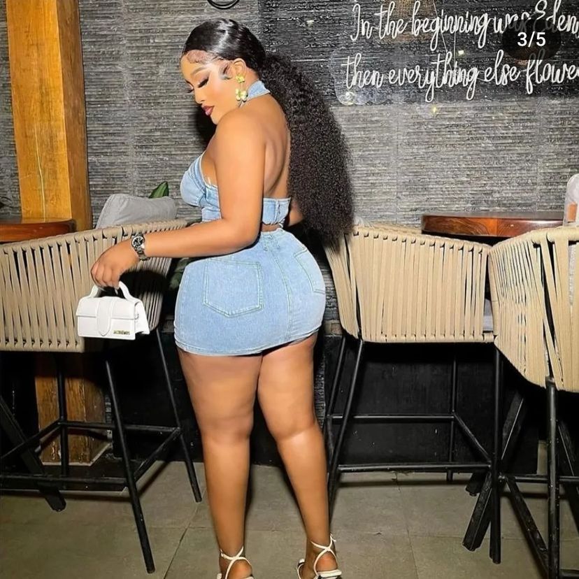 Washed Stretch Denim Halter Zipper Sexy Casual Skirt Set