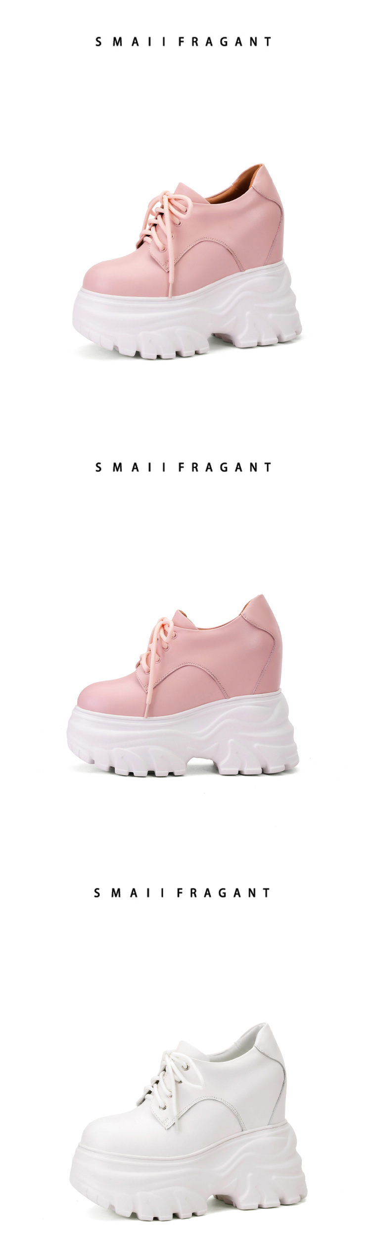 Giày sneaker nữ đế dày tăng chiều cao 12cm dây buộc da thật — Màu đen chi tiết 7