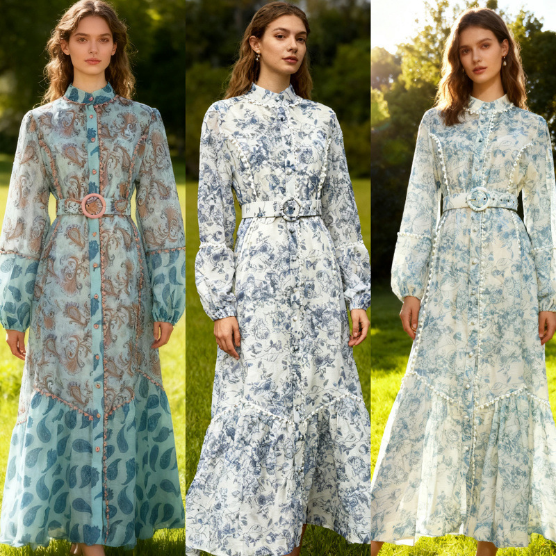 Cross-Border 2026 Australian Retro Print French Elegant Ultra-Long Lace Patchwork Dress with Large Hem