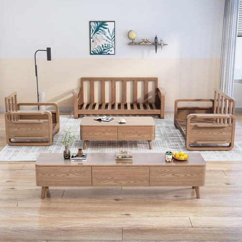 Ash wood solid wood sofa combination modern simple fabric three-seat soft back removable and washable living room home sofa set