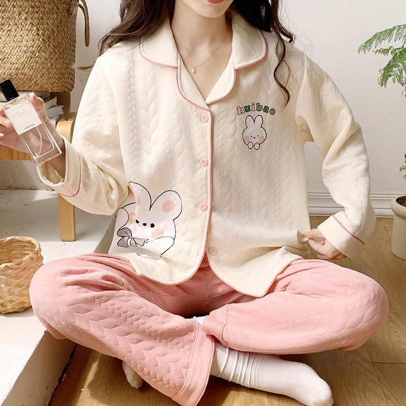 Al por mayor transfronterizo red de algodón aire cardigan intercalado pijama conjunto de mujeres otoño invierno dulce ropa cálida para el hogar