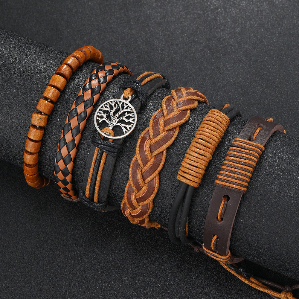 Retro Geometric Pu Leather Wooden Beads Beaded Men's Bracelets display picture 2