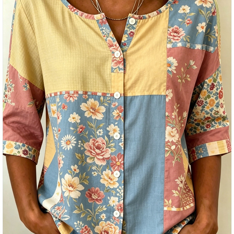 2026 New Model Independent Station Foreign Trade Shirt Cross-Border Top Round Neck European Size Women's Floral 3D Print Women's Henley Shirt 2026 New Model Independent Station Foreign Trade Shirt Cross-Border Top Round Neck European Size Women's Floral 3D Print Women's Henley Shirt