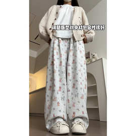 灰色小狗印花休闲裤女秋冬加绒宽松遮肉直筒裤高腰垂感慵懒阔腿裤