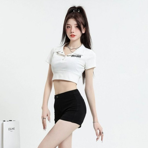 Ins personality pure desire spicy girl retro polo collar button short-sleeved straight-shoulder T-shirt women's slim-fit short crop top for women