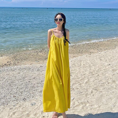 Beach Vacation Sexy Backless Strappy Dress for Women Summer Loose A-Line Skirt Gentle Yellow Long Dress