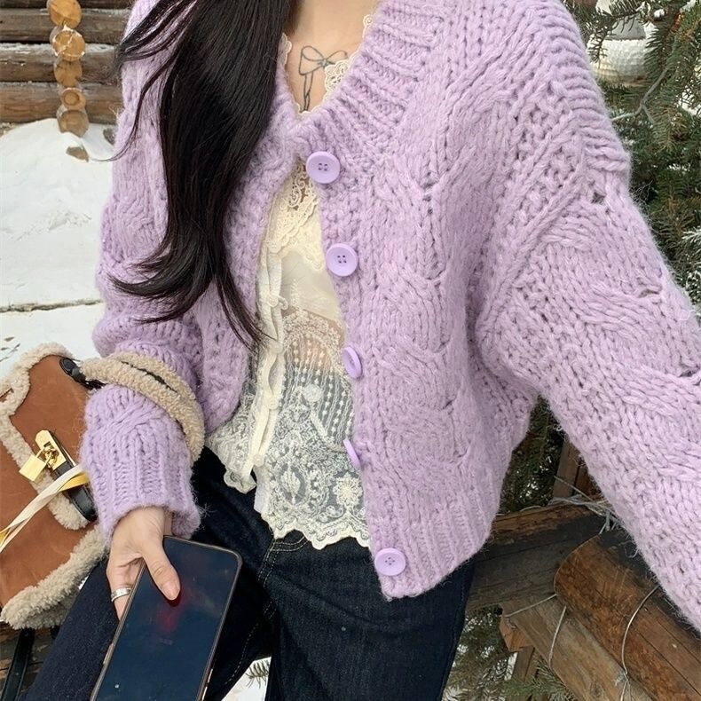 Short vintage purple sweater for petite individuals, new loose-fitting knitted casual autumn-winter thick cardigan