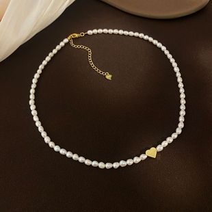 3mm natural baby millet beads freshwater pearl necklace 2024 new sterling silver French temperament love neck chain women