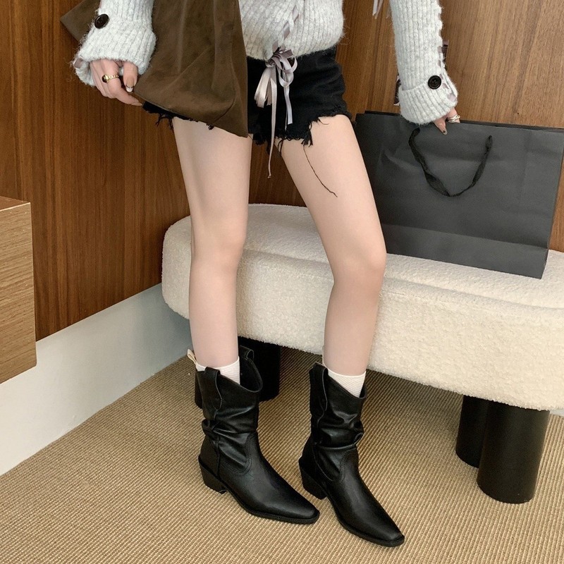 2025新款尖头切尔西靴显瘦粗跟短靴女英伦风堆堆靴骑士靴|undefined