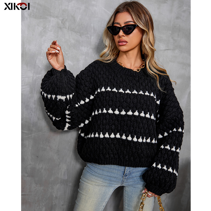 Women's Clothing Striped round neck pullover thick needle sweater women's loose lazy style new long sleeved knitted sweater top trend_voghion.com