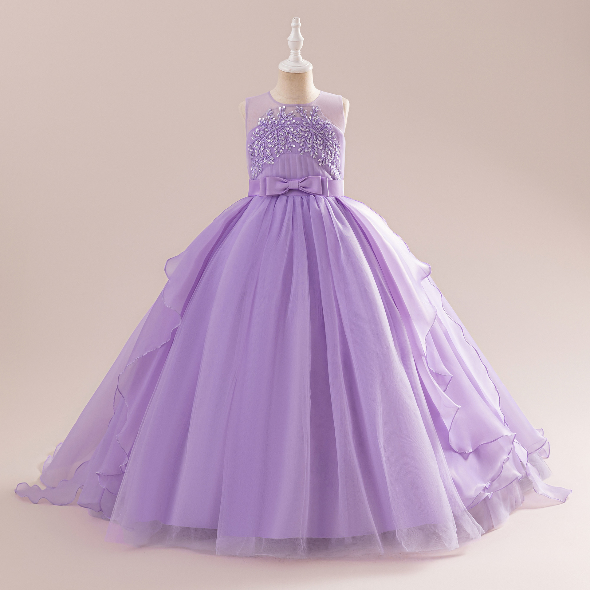 Vestido de cola de malla de vidrio de flor bordada para niños rendimiento de piano para niñas Nuevo vestido de niños mediano y grande transfronterizo europeo y americano