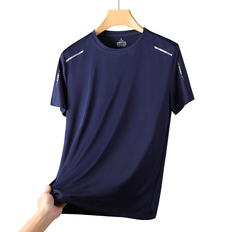 Primavera y verano de manga corta camiseta de seda de hielo de hombre de verano de cuello redondo chaqueta deportiva casual ligera y delgada elástica transpirable ropa seca rápida