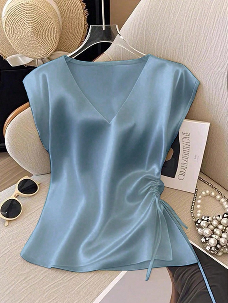 Damen Satin Bluse Mit V-ausschnitt Elegantes Sommer Oberteil_voghion.com
