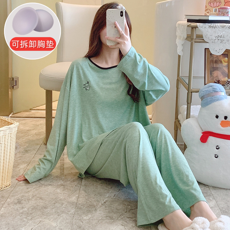 Special Wholesale All-In-One Pajamas with Breast Pads for Women, Spring & Fall Long-Sleeved Pants, Student Casual and Comfortable Home Wear Sets