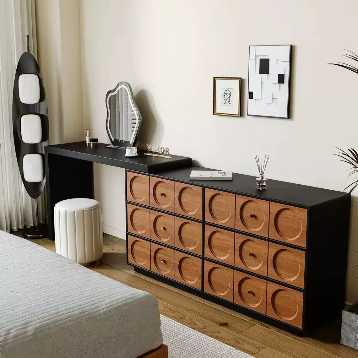 中古风胡桃木梳妆台斗柜一体高级感卧室实木化妆桌美式复古化妆台