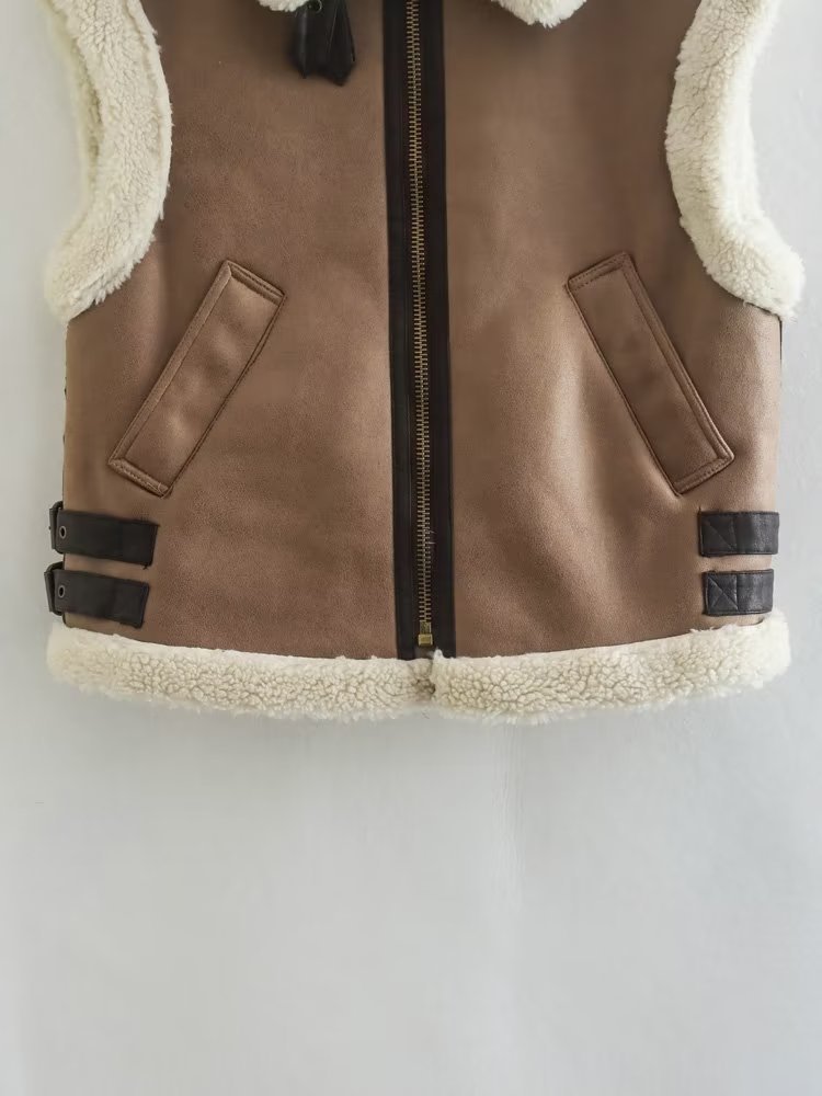 Kvinder imiteret fåreskinds pels vest Chic dame imiteret læder fleece varm vest kvinde ærmeløs jakke efterår vinter_voghion.com