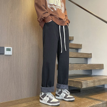 冬季加绒牛仔裤男港风宽松直筒阔腿松紧腰系带加绒加厚牛仔裤男