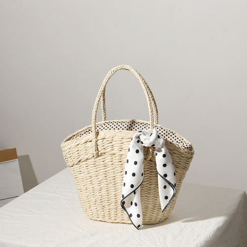 New Korean Grass Woven Bag for Women, Fashion Silk Scarf Summer Grass Bag Weaving Bag Beach Vacation Sand Bag Shoulder Bag