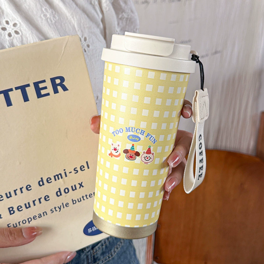Portable Coffee Tumbler, glass & stainless steel travel mug, 500 ml, cute pattern strap gift