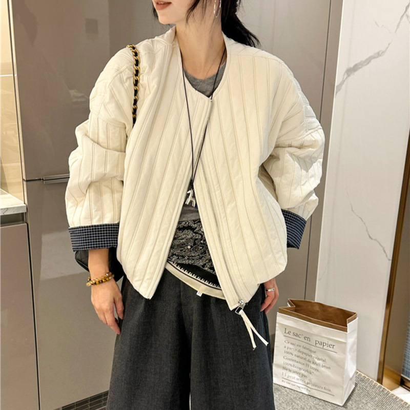 撞色拼接薄棉圆领开衫短外套女2025秋季新款宽松显瘦休闲夹克上衣|undefined