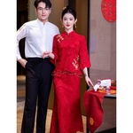 红色旗袍中式西装订婚祝酒礼服新娘婚纱裙子女士返乡休闲服秋冬长