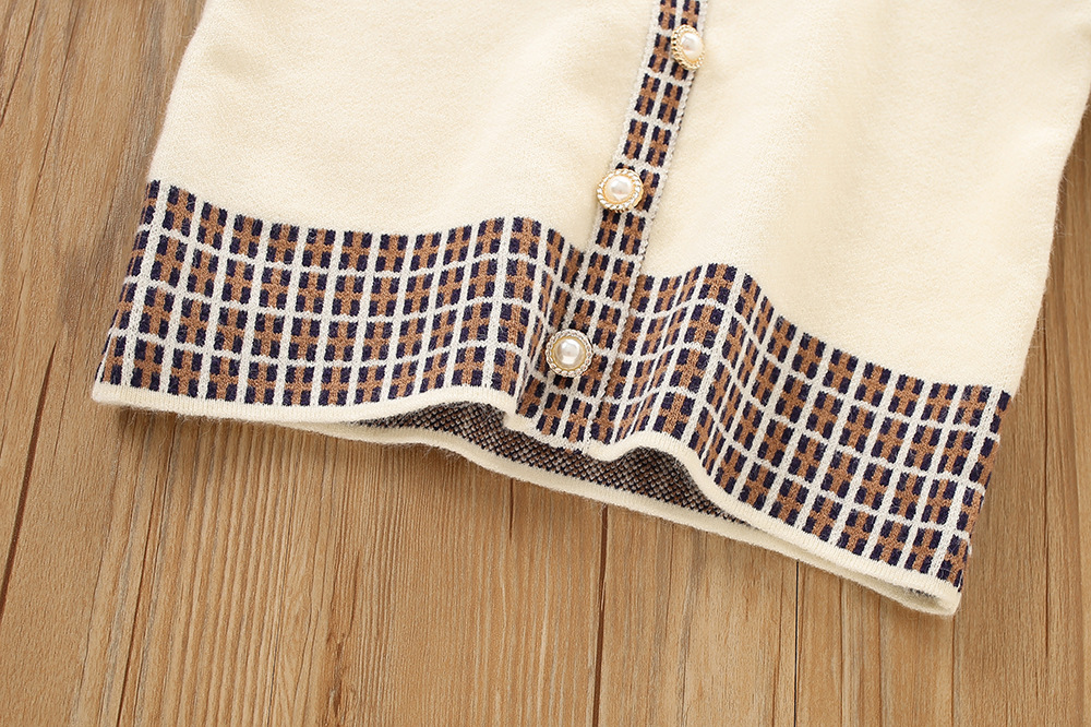 Pull deux pièces pour fille, ensemble Cardigan tricoté à carreaux, petit parfum, nouvelle édition coréenne, automne/hiver 2022_voghion.com