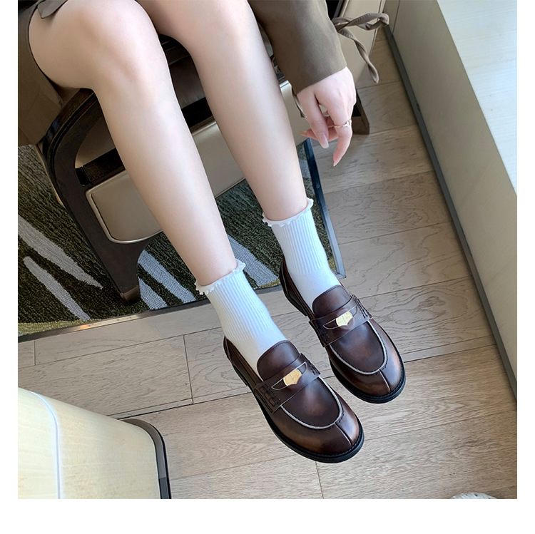 羊皮版复古擦色真皮乐福鞋女粗跟小金币英伦一脚蹬懒人平底小皮鞋|undefined