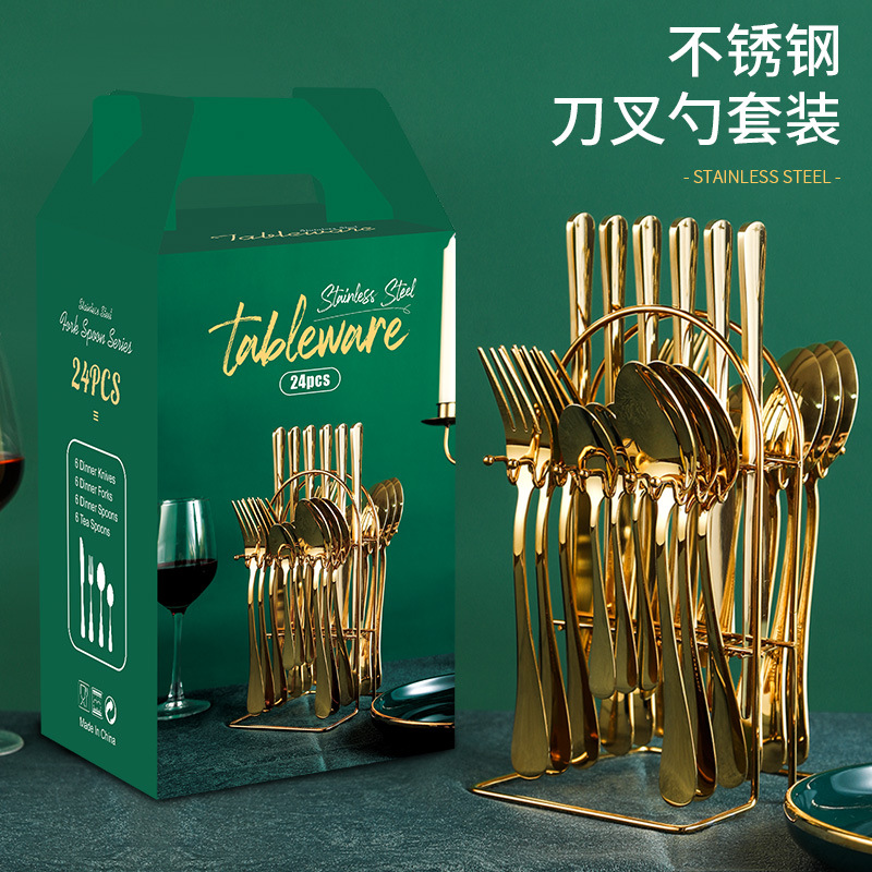 Cross-border new thickened stainless steel tableware 24-piece set gold-plated 1010 knife, fork and spoon storage rack gift box set