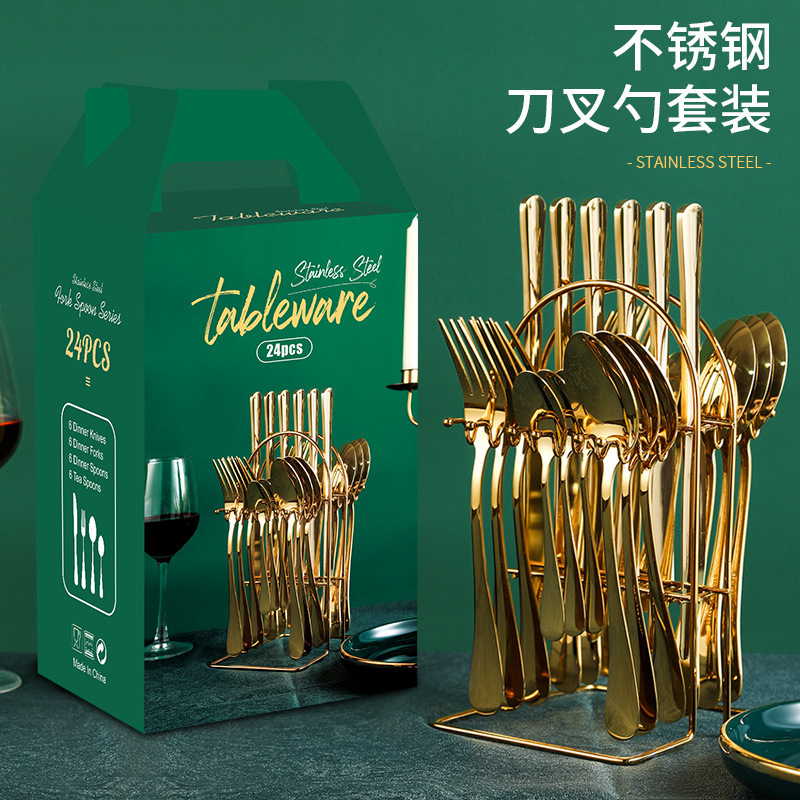 Cross-border new thickened stainless steel tableware 24 pieces suit gold-plated 1010 knife, fork and spoon storage rack gift box suit Cross-border new thickened stainless steel tableware 24 pieces suit gold-plated 1010 knife, fork and spoon storage rack gift box suit