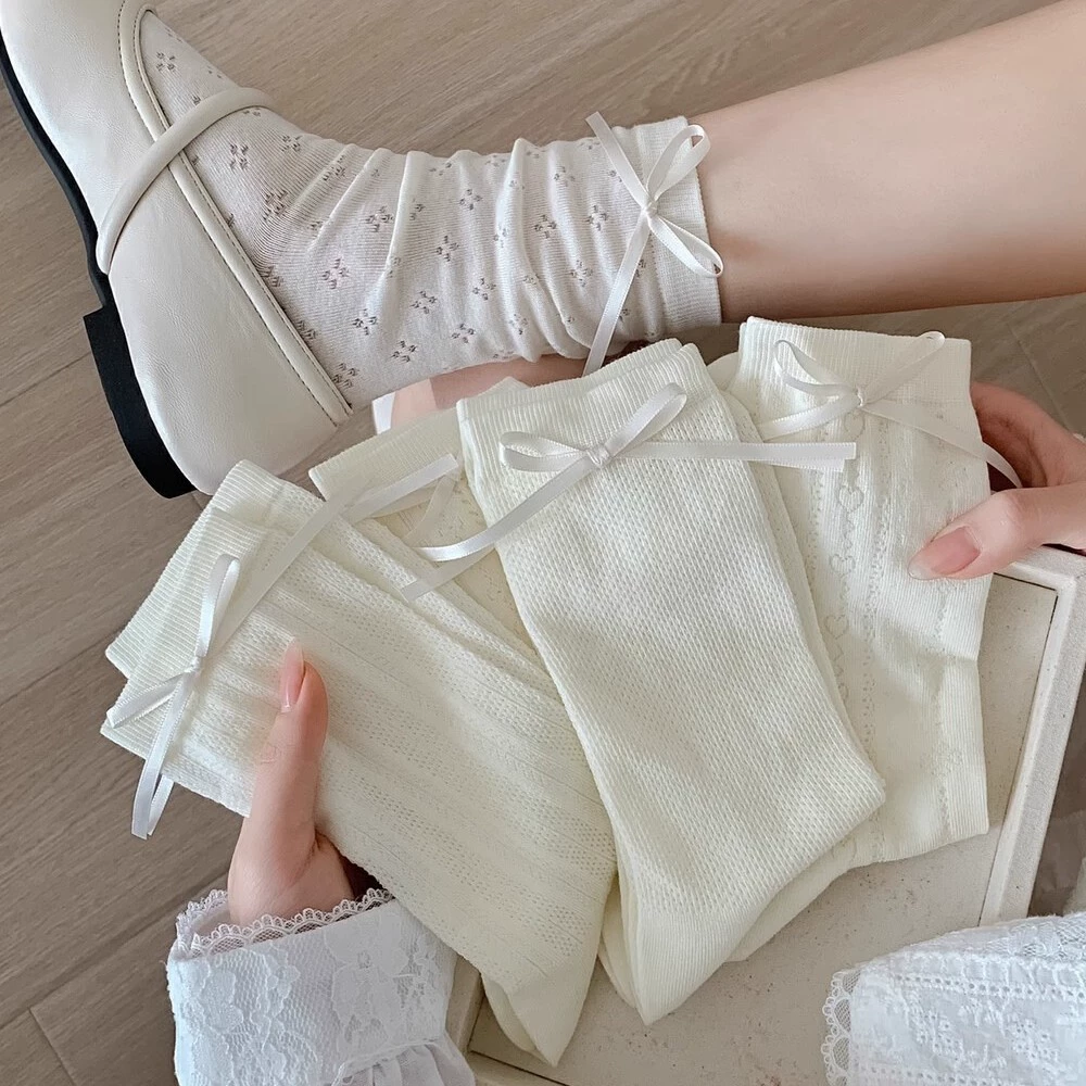 Tide, white spring summer cute knee socks with bow, mid-length