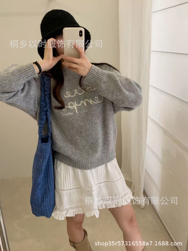 以时 25秋冬季新款韩系少女风刺绣字母毛衣百搭圆领羊毛针织衫 女|undefined