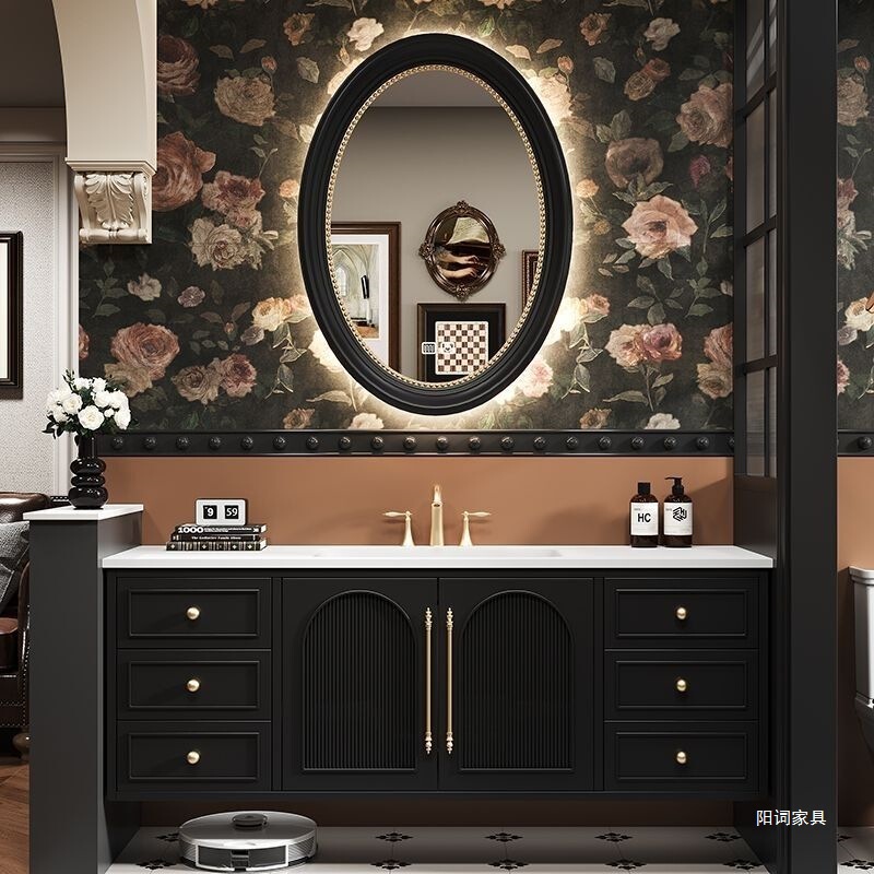 French Retro Bathroom Cabinet Washbasin Slate Hot-Bent Integrated Basin Ceramic Bathroom Washbasin Cabinet Combination