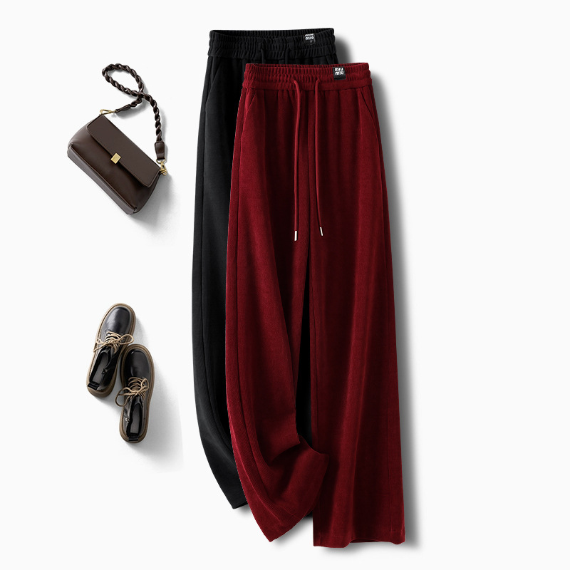 High-End Red Corduroy Wide-Leg Pants for Women, New Autumn and Winter 2025, Fleece-Lined, Drapey Chenille Floor-Length Straight Pants