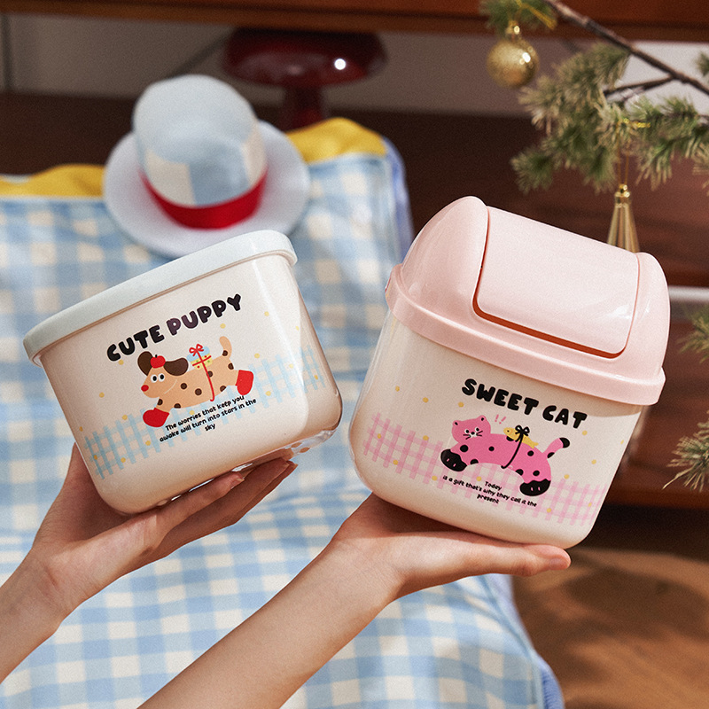 Desktop Mini Trash Can Cartoon with Lid Student Dormitory Plastic Miscellaneous Bucket Living Room Bedroom Cartoon Storage Bucket