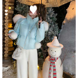 2025年冬季新款元气少女感狐狸毛领蓝色羽绒服短款立领毛球外套