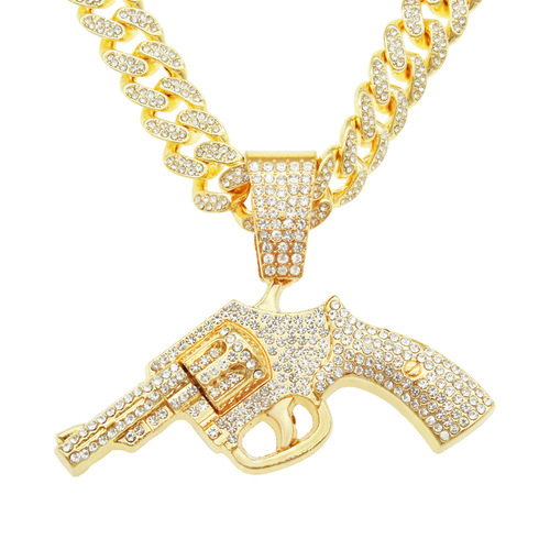 Personal cool Wish hip-hop full diamond gun pendant cuban chain necklace trendsetter night club street dance motorcycle wear match accessory