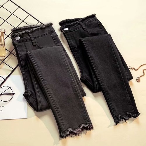 Women's Black High-Waisted Cropped Skinny Pencil Jeans, Korean-Style, Slimming & Versatile with Stretchability