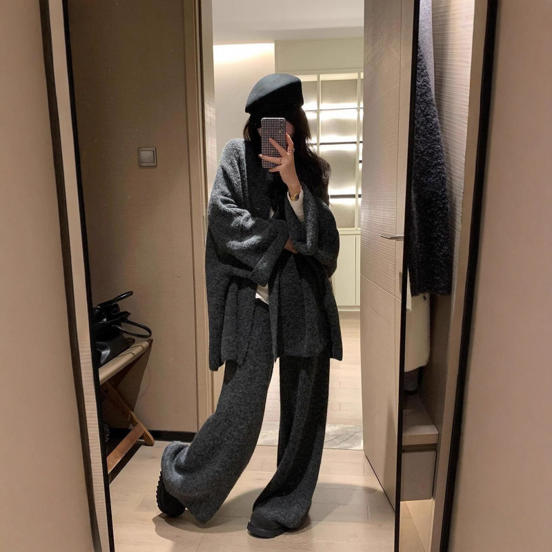 蝙蝠袖针织开衫套装女秋冬新款宽松慵懒风松弛感休闲阔腿裤两件套|undefined