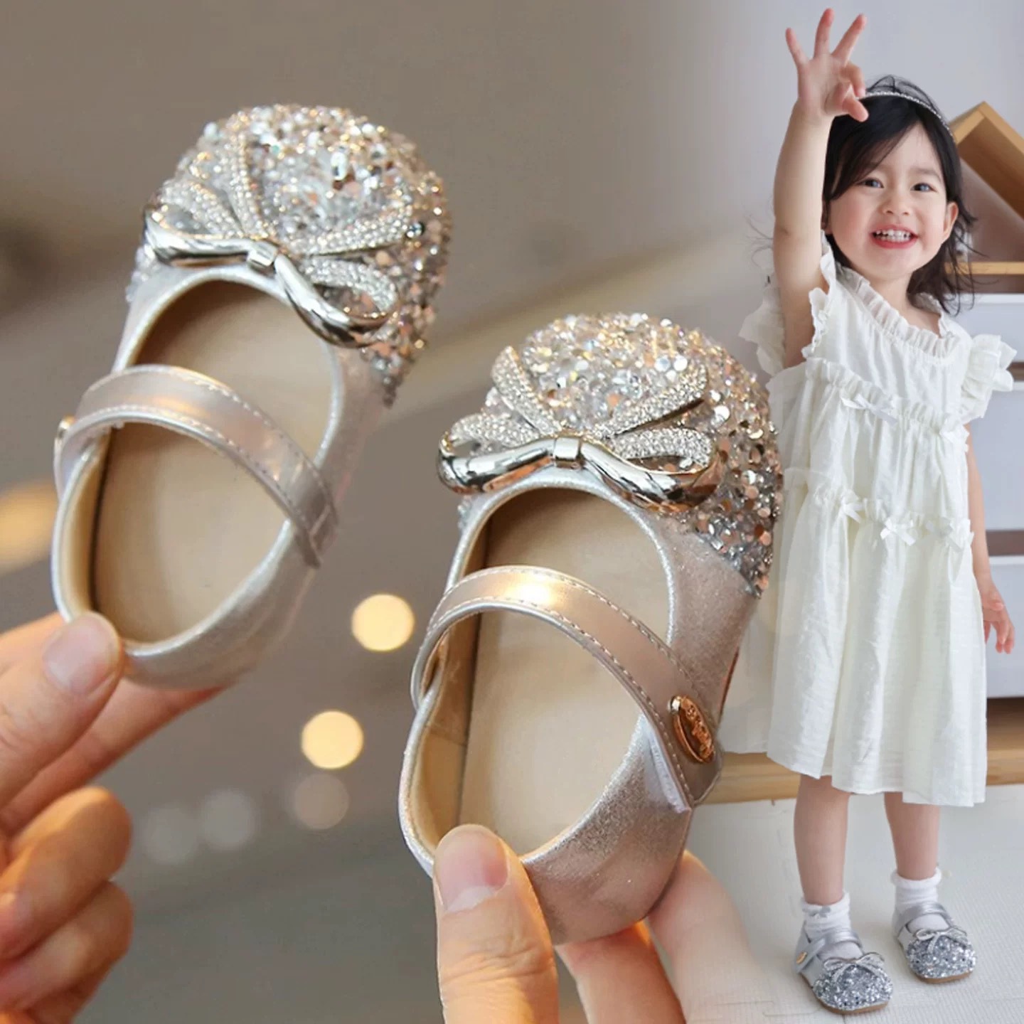 Girls' Princess Shoes, Summer Sequined Crystal Leather Shoes, Mary Jane Shoes for One-Year-Old Babies, Soft-Soled Baby Shoes