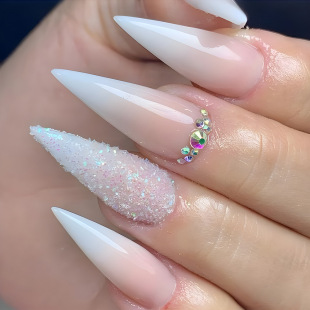 Cross-Border Popular Super Long Water Drop Nails Pure Desire Pink and White Gradient Wearable Nails Sweet Glitter Diamond Fake Nail Patches