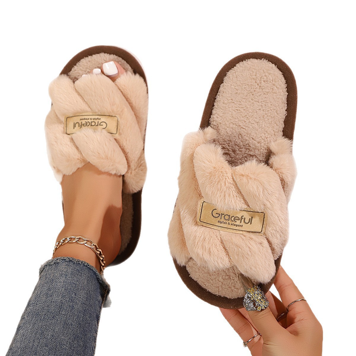 Zapatillas peludas transfronterizas mujeres otoño invierno exterior antideslizante interior grueso zapatillas de algodón peludas