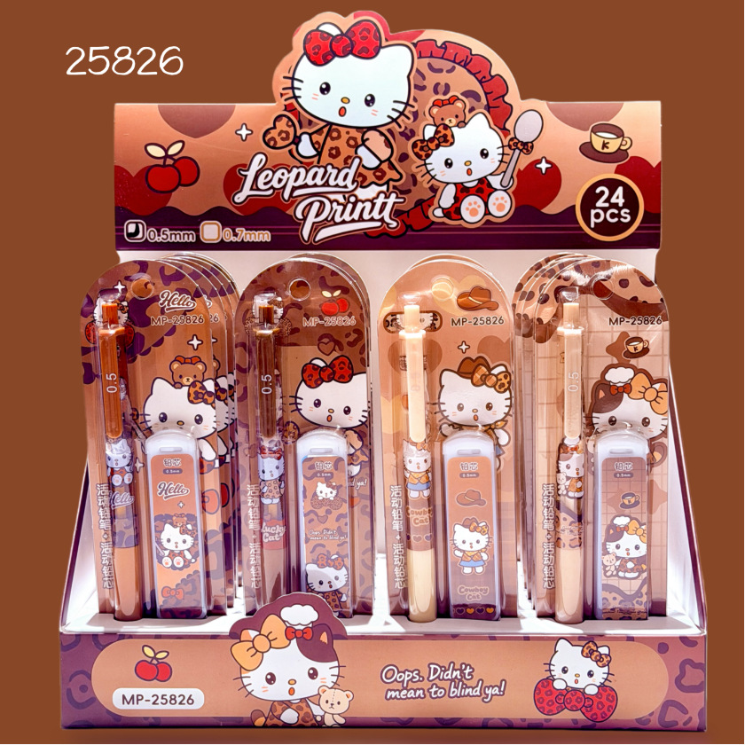 Nuevos productos de impresión de leopardo gatito juego de lápiz de dibujos animados de alto valor de cara lápiz automático de 0.5m lápiz + cartucho combinación