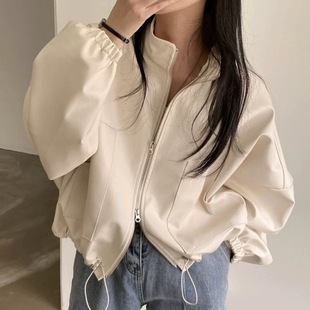 South Korea chic autumn niche handsome stand collar zipper large pocket design drawstring lace-up motorcycle leather coat for women