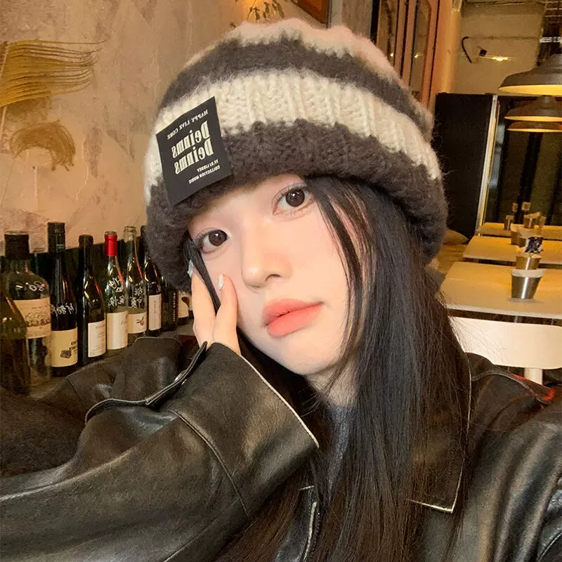 毛线帽时尚显脸小毛线帽女秋冬拼色条纹大头围针织帽男潮堆堆帽子